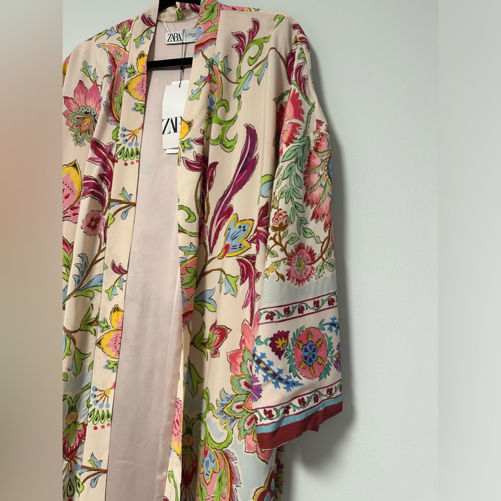 NWT ZARA Floral Printed Long Kimono Belted Beach Boho Style Pink Size XS - Picture 6 of 16